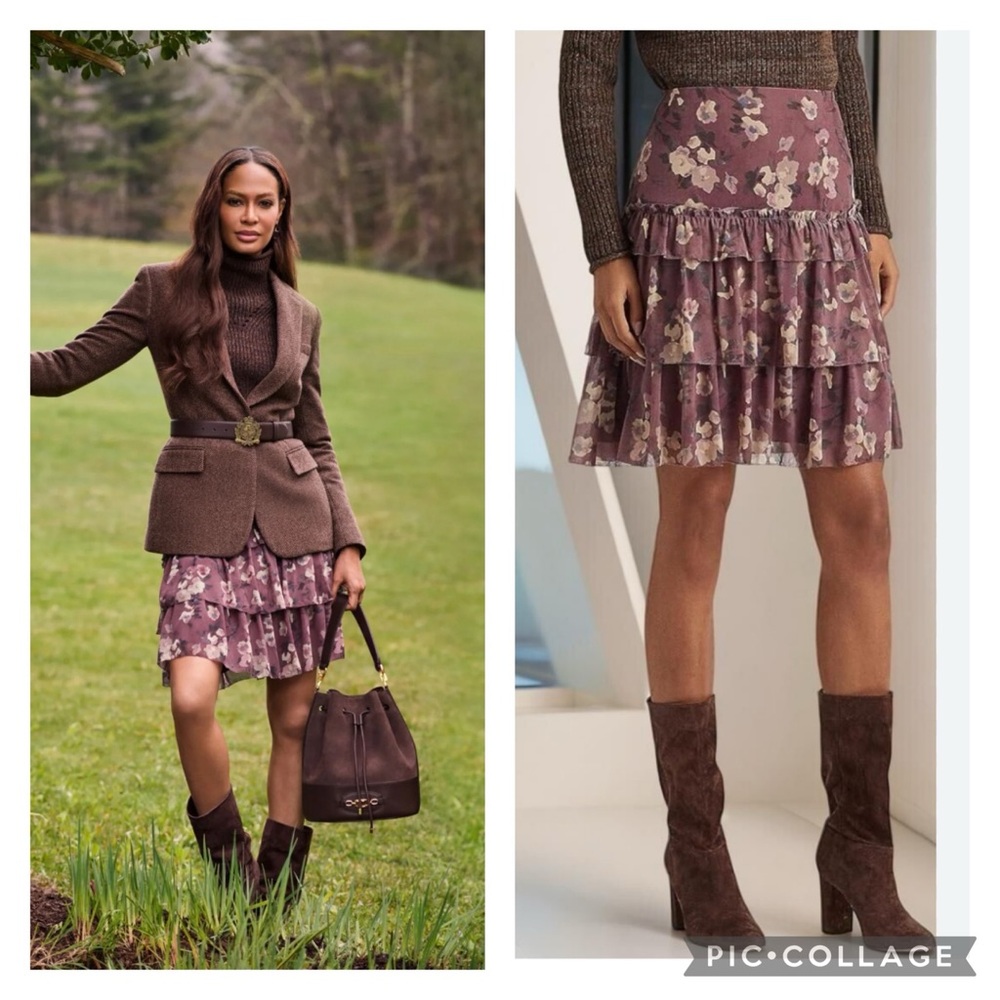 Ralph Lauren $145 Floral Crinkle Ruffled Tiered Lined Purple Georgette Skirt